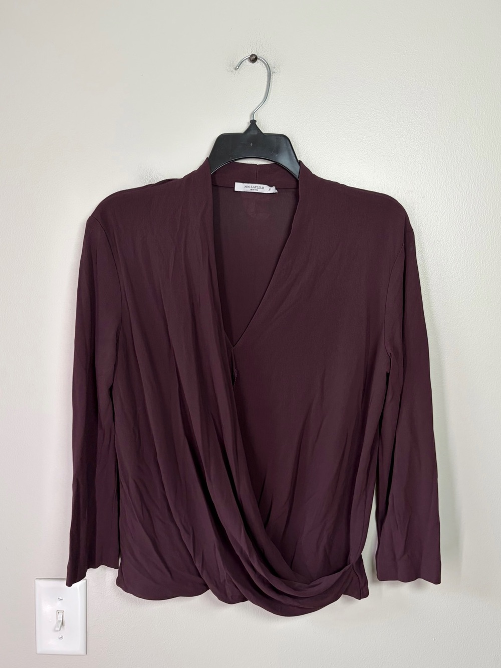 MM Lafleur Deneuve Drapey Faux Wrap Blouse Deep Plum Burgundy Work Career Office